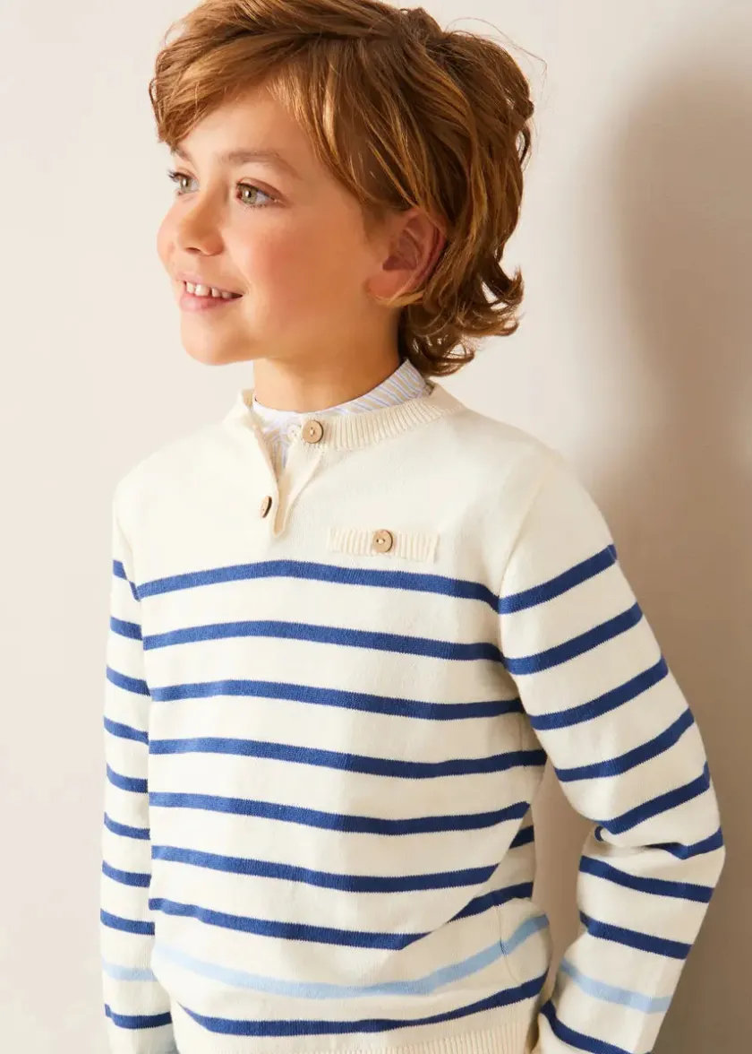 Knitwear & Cardigans | Knitwear & Cardigans | Pepa London Striped Crewneck Button Detail Jumper in Blue (12mths-10yrs)