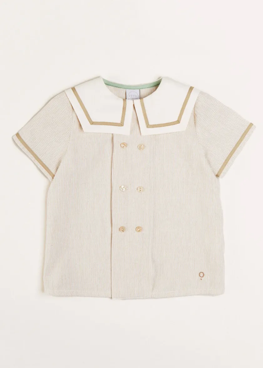 Tops & Shirts | Shirts | Pepa London Striped Mariner Collar Short Sleeve Shirt in Beige (12mths-6yrs)