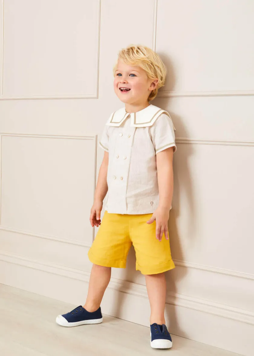 Tops & Shirts | Shirts | Pepa London Striped Mariner Collar Short Sleeve Shirt in Beige (12mths-6yrs)