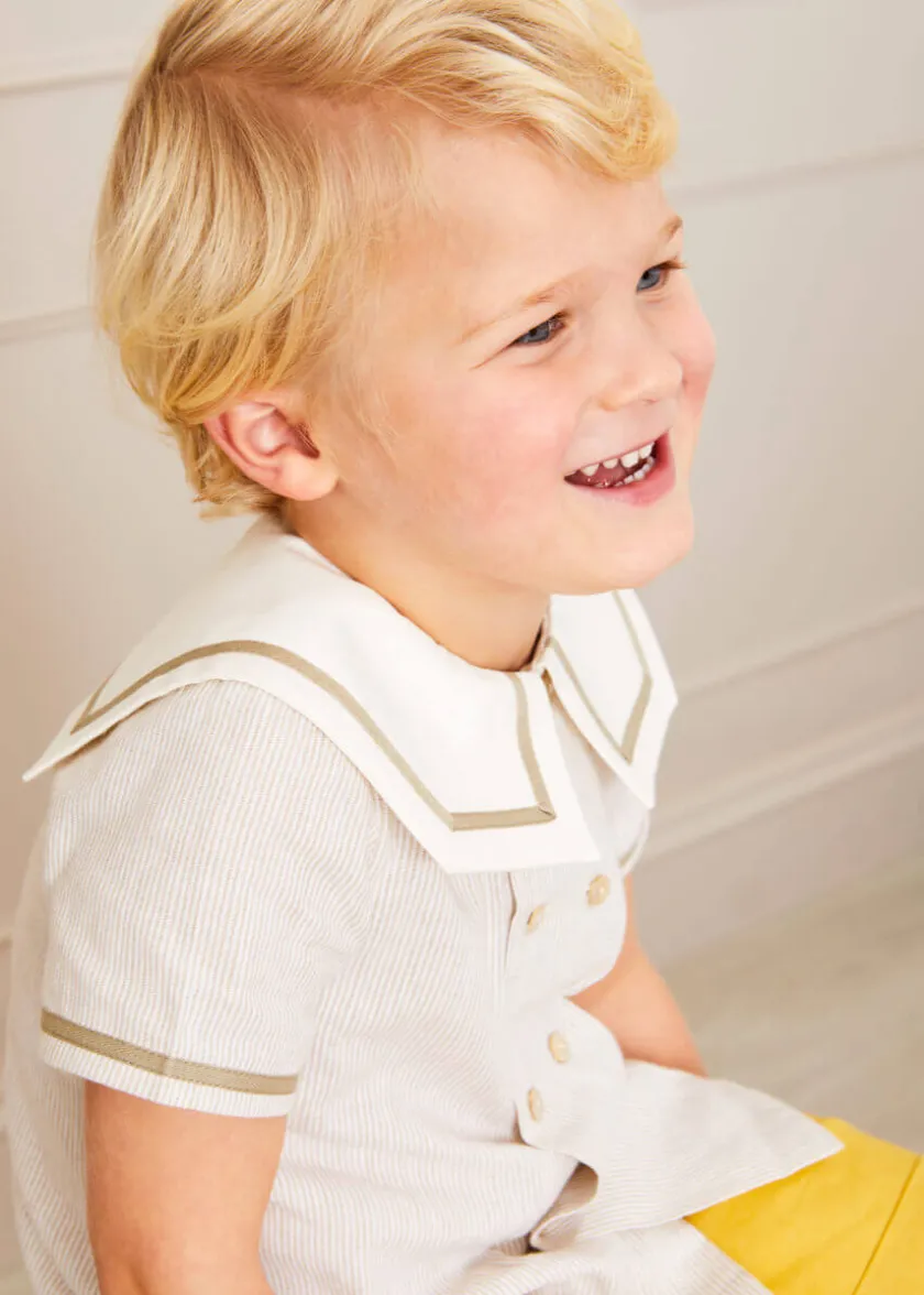 Tops & Shirts | Shirts | Pepa London Striped Mariner Collar Short Sleeve Shirt in Beige (12mths-6yrs)