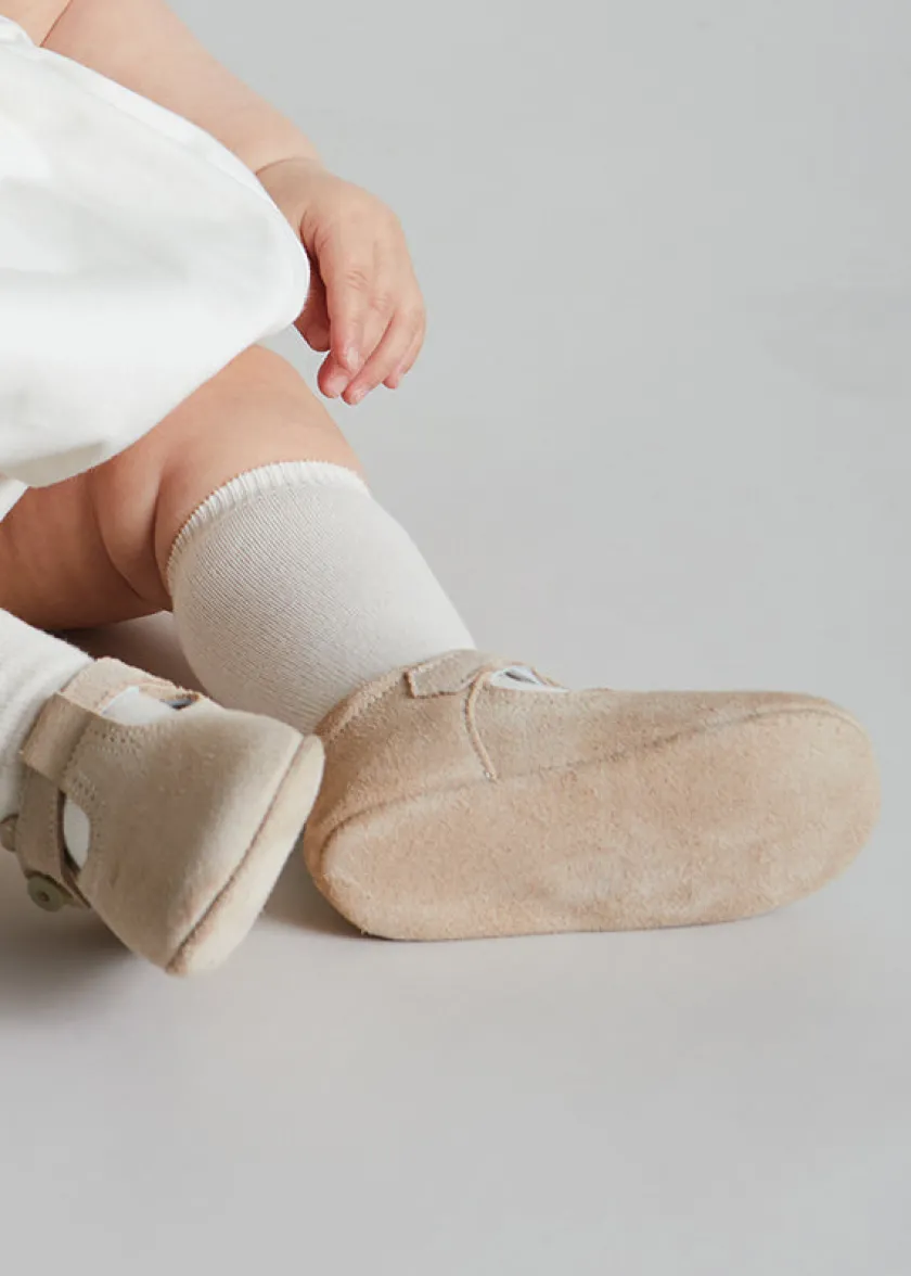 T-bars | T-bar Shoes | Pepa London Suede T-Bar Pram Shoes in Beige (17-20EU)