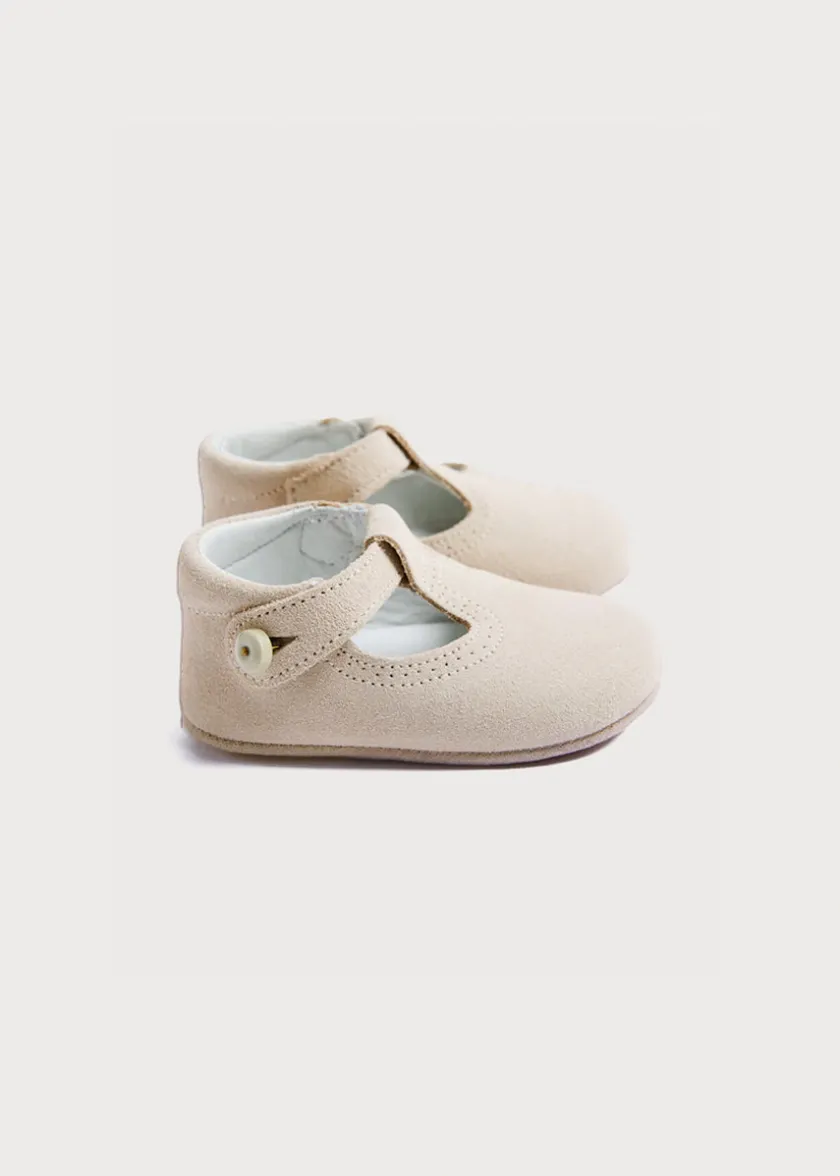 T-bars | T-bar Shoes | Pepa London Suede T-Bar Pram Shoes in Beige (17-20EU)