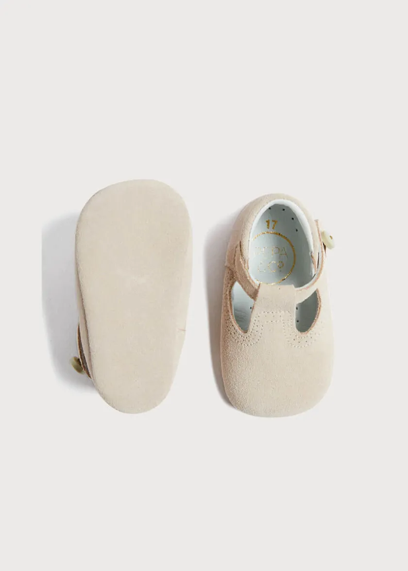 T-bars | T-bar Shoes | Pepa London Suede T-Bar Pram Shoes in Beige (17-20EU)
