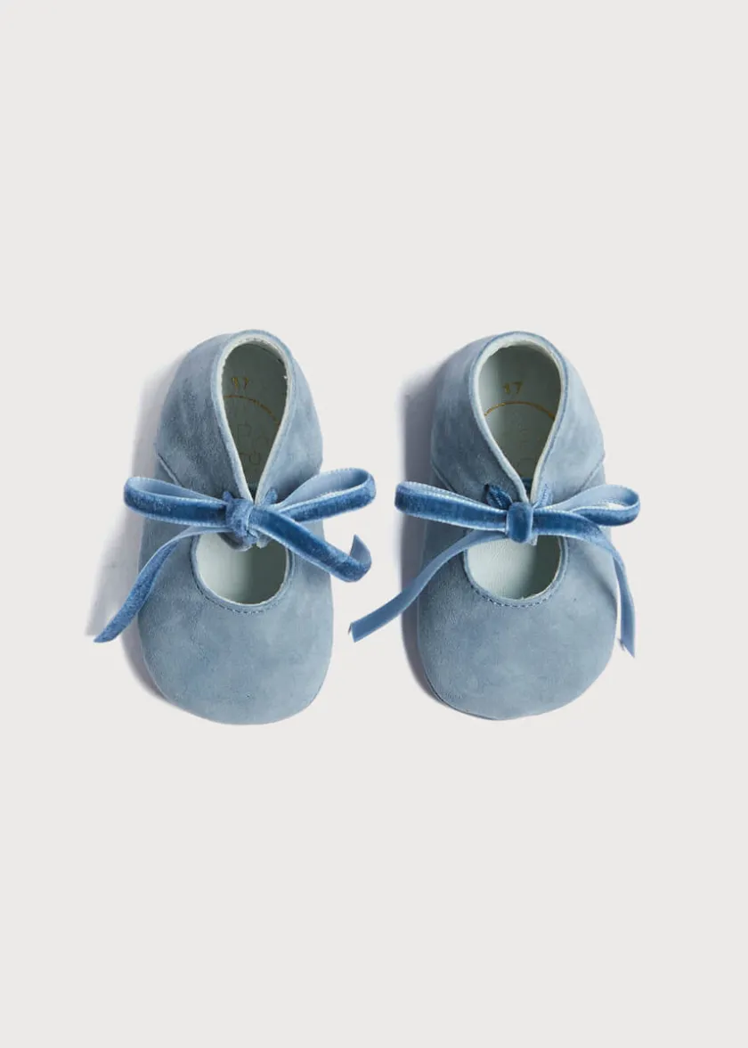 Pram Shoes | Pram Shoes | Pepa London Suede Velvet Ribbon Pram Shoes in Blue (17-21 EU)