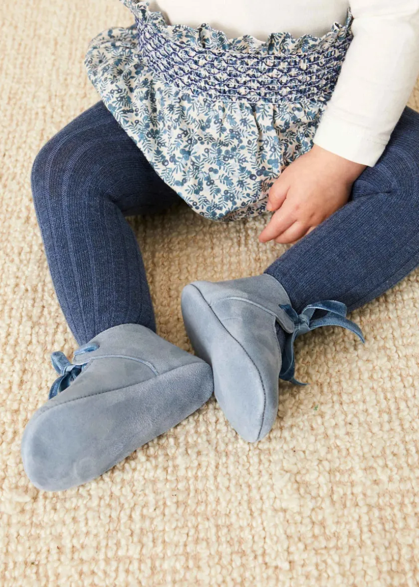 Pram Shoes | Pram Shoes | Pepa London Suede Velvet Ribbon Pram Shoes in Blue (17-21 EU)