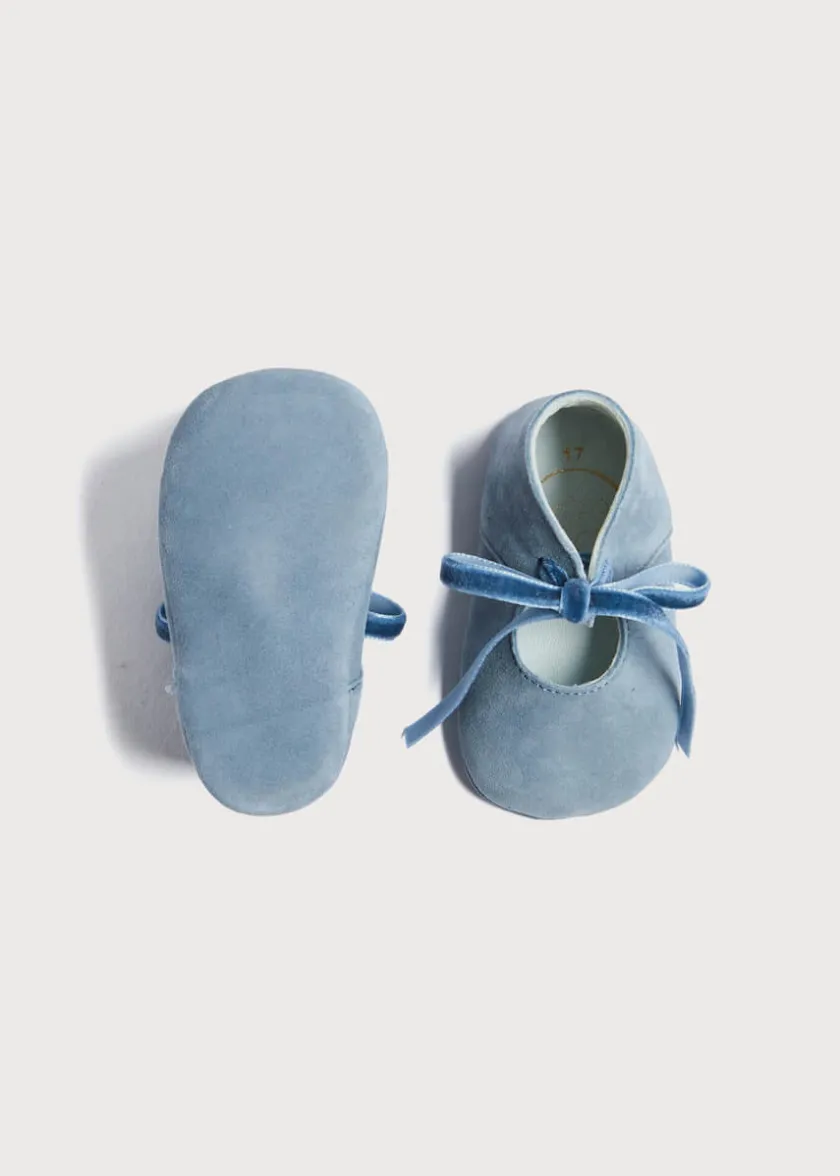 Pram Shoes | Pram Shoes | Pepa London Suede Velvet Ribbon Pram Shoes in Blue (17-21 EU)