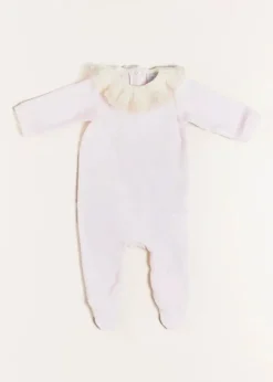 All In Ones | Nightwear | Pepa London Velour Lace Trim Collar All-In-One in Pink (1mth-12mths)
