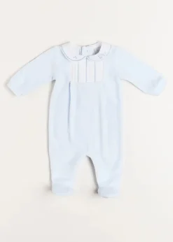 All In Ones | Bodysuits & Baby Grows | Pepa London Velour Peter Pan Collar All-In-One in Blue (1mth-12mths)