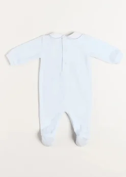 All In Ones | Bodysuits & Baby Grows | Pepa London Velour Peter Pan Collar All-In-One in Blue (1mth-12mths)