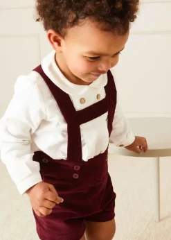 Shorts & Trousers | Dungarees & Rompers | Pepa London Velvet Button Detail Shorts with Braces in Burgundy (18mths-4yrs)