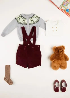 Shorts & Trousers | Dungarees & Rompers | Pepa London Velvet Button Detail Shorts with Braces in Burgundy (18mths-4yrs)