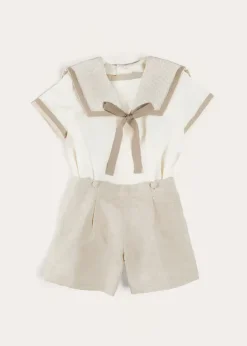 Two-piece Sets | Pepa London Waterford Stripe Mariner Collar Short Sleeve Two Piece Set in Beige (12mths-6yrs)