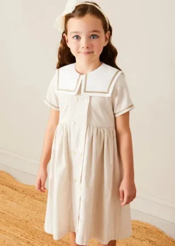 Dresses | Dresses | Pepa London Waterford Striped Mariner Collar Double Breasted Short Sleeve Dress in Beige (12mths-10yrs)