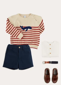 Lookbooks | Pepa London Whale Intarsia Striped Jumper in Red (6mths-6yrs) | Linen Mao Collar Long Sleeve Shirt in White (12mths-10yrs) | Classic Smart Shorts in Navy (4-10yrs) | Leather Boat Shoes in Tan (26-34EU) | Navy Belt