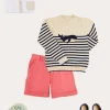 Lookbooks | Pepa London Whale Intarsia Striped Jumper in Blue (6mths-10yrs) | Waterford Striped Polo Collar Short Sleeve Top in Beige (12mths-4yrs) | Plain Linen Toddler Shorts in Red (12mths-4yrs) | Woven T-Bar Baby Shoes in Navy (20-26EU)