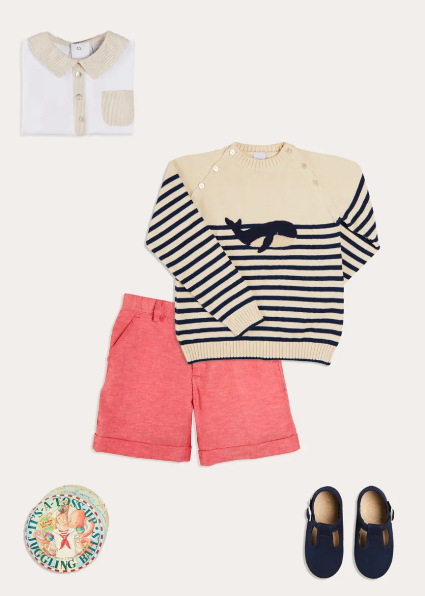 Lookbooks | Pepa London Whale Intarsia Striped Jumper in Blue (6mths-10yrs) | Waterford Striped Polo Collar Short Sleeve Top in Beige (12mths-4yrs) | Plain Linen Toddler Shorts in Red (12mths-4yrs) | Woven T-Bar Baby Shoes in Navy (20-26EU)