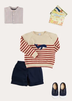Lookbooks | Pepa London Whale Intarsia Striped Jumper in Red (6mths-6yrs) | Beaufort Striped Mao Collar Long Sleeve Shirt in Blue (18mths-10yrs) | Classic Turn-up Hem Cotton Shorts in Navy (12mths-4yrs) | Canvas Plimsolls in Navy (20-35EU)