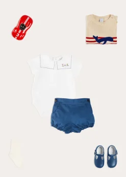 Lookbooks | Pepa London Whale Intarsia Striped Jumper in Red (6mths-6yrs) | Boat Embroidery Statement Collar Short Sleeve Bodysuit in White (3mths-2yrs) | Plain Button Detail Bloomers in Blue (3mths-3yrs) | T-Bar Baby Shoes in Blue (20-26EU) | Ribbed Short Socks in Beige (0mths-10yrs) | Model Toy Car in Red