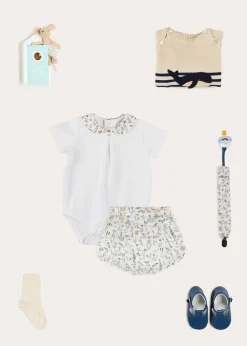 Lookbooks | Pepa London Whale Intarsia Striped Jumper in Blue (6mths-10yrs) | Ellis Short Sleeve Bodysuit with Printed Collar Made with Liberty Fabric (1m-2yrs) | Ellis Floral Bloomer in Blue Made with Liberty Fabric (1m-3yrs) | Leather T-Bar Pram Shoes in Classic Blue (17-20EU) | Ribbed Short Socks in Beige (0mths-10yrs) | Big Brother Beach Mouse Toy | Ellis Dummy Clip in Blue Made with Liberty Fabric