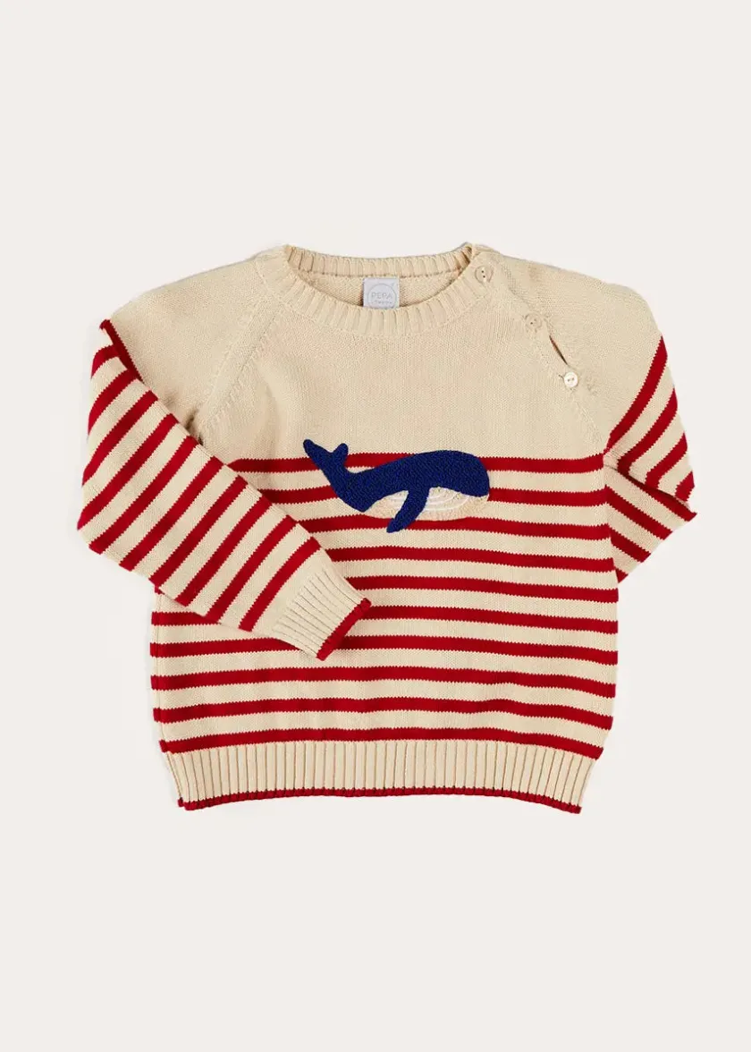 Knitwear & Cardigans | Pepa London Whale Intarsia Striped Jumper in Red (6mths-6yrs)