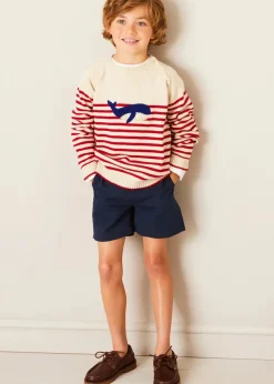Lookbooks | Pepa London Whale Intarsia Striped Jumper in Red (6mths-6yrs) | Linen Mao Collar Long Sleeve Shirt in White (12mths-10yrs) | Classic Smart Shorts in Navy (4-10yrs) | Leather Boat Shoes in Tan (26-34EU) | Navy Belt
