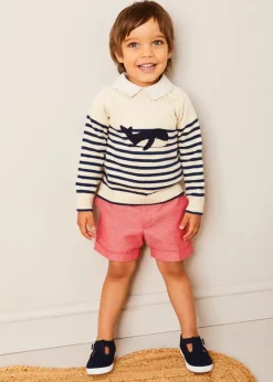 Lookbooks | Pepa London Whale Intarsia Striped Jumper in Blue (6mths-10yrs) | Waterford Striped Polo Collar Short Sleeve Top in Beige (12mths-4yrs) | Plain Linen Toddler Shorts in Red (12mths-4yrs) | Woven T-Bar Baby Shoes in Navy (20-26EU)