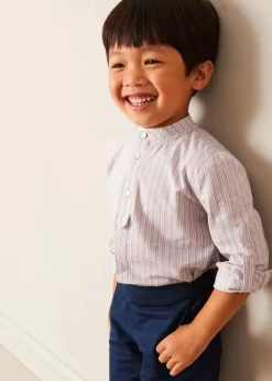 Lookbooks | Pepa London Whale Intarsia Striped Jumper in Red (6mths-6yrs) | Beaufort Striped Mao Collar Long Sleeve Shirt in Blue (18mths-10yrs) | Classic Turn-up Hem Cotton Shorts in Navy (12mths-4yrs) | Canvas Plimsolls in Navy (20-35EU)