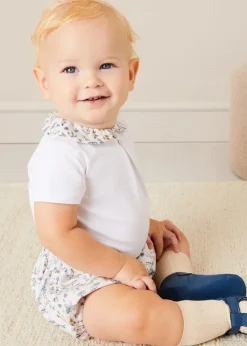 Lookbooks | Pepa London Whale Intarsia Striped Jumper in Blue (6mths-10yrs) | Ellis Short Sleeve Bodysuit with Printed Collar Made with Liberty Fabric (1m-2yrs) | Ellis Floral Bloomer in Blue Made with Liberty Fabric (1m-3yrs) | Leather T-Bar Pram Shoes in Classic Blue (17-20EU) | Ribbed Short Socks in Beige (0mths-10yrs) | Big Brother Beach Mouse Toy | Ellis Dummy Clip in Blue Made with Liberty Fabric
