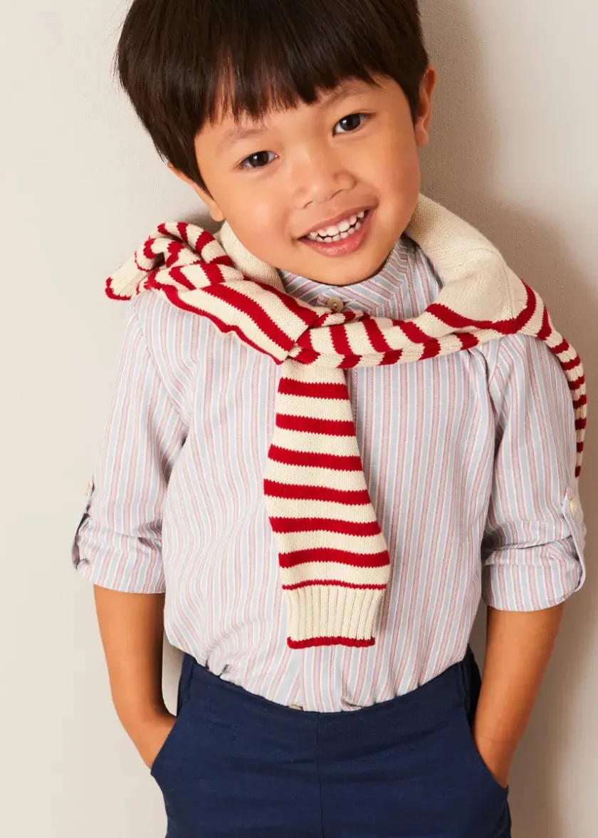Lookbooks | Pepa London Whale Intarsia Striped Jumper in Red (6mths-6yrs) | Beaufort Striped Mao Collar Long Sleeve Shirt in Blue (18mths-10yrs) | Classic Turn-up Hem Cotton Shorts in Navy (12mths-4yrs) | Canvas Plimsolls in Navy (20-35EU)