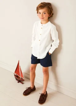 Lookbooks | Pepa London Whale Intarsia Striped Jumper in Red (6mths-6yrs) | Linen Mao Collar Long Sleeve Shirt in White (12mths-10yrs) | Classic Smart Shorts in Navy (4-10yrs) | Leather Boat Shoes in Tan (26-34EU) | Navy Belt