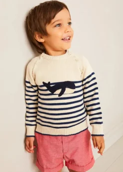 Lookbooks | Pepa London Whale Intarsia Striped Jumper in Blue (6mths-10yrs) | Waterford Striped Polo Collar Short Sleeve Top in Beige (12mths-4yrs) | Plain Linen Toddler Shorts in Red (12mths-4yrs) | Woven T-Bar Baby Shoes in Navy (20-26EU)
