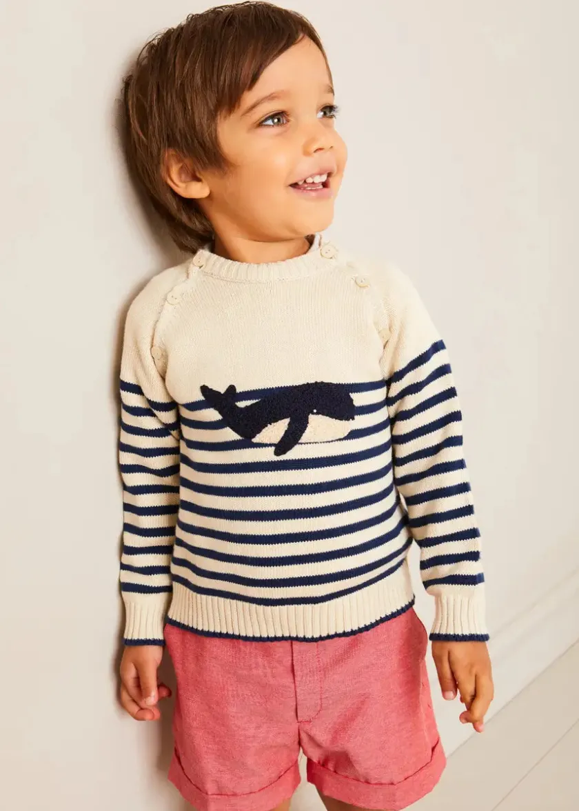 Lookbooks | Pepa London Whale Intarsia Striped Jumper in Blue (6mths-10yrs) | Waterford Striped Polo Collar Short Sleeve Top in Beige (12mths-4yrs) | Plain Linen Toddler Shorts in Red (12mths-4yrs) | Woven T-Bar Baby Shoes in Navy (20-26EU)