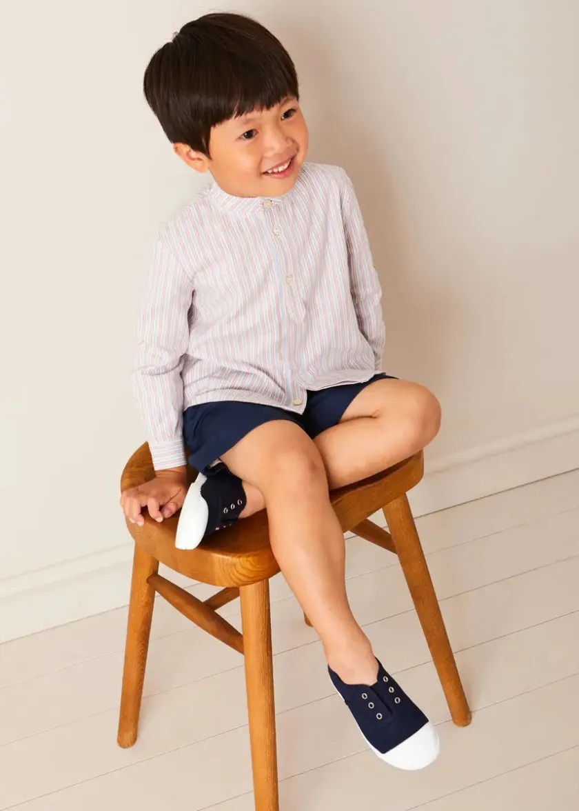 Lookbooks | Pepa London Whale Intarsia Striped Jumper in Red (6mths-6yrs) | Beaufort Striped Mao Collar Long Sleeve Shirt in Blue (18mths-10yrs) | Classic Turn-up Hem Cotton Shorts in Navy (12mths-4yrs) | Canvas Plimsolls in Navy (20-35EU)