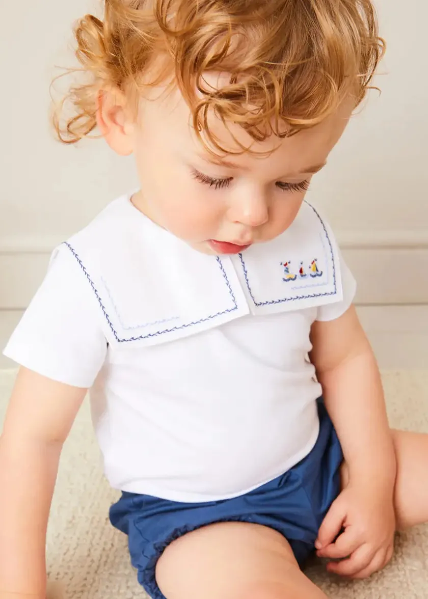 Lookbooks | Pepa London Whale Intarsia Striped Jumper in Red (6mths-6yrs) | Boat Embroidery Statement Collar Short Sleeve Bodysuit in White (3mths-2yrs) | Plain Button Detail Bloomers in Blue (3mths-3yrs) | T-Bar Baby Shoes in Blue (20-26EU) | Ribbed Short Socks in Beige (0mths-10yrs) | Model Toy Car in Red